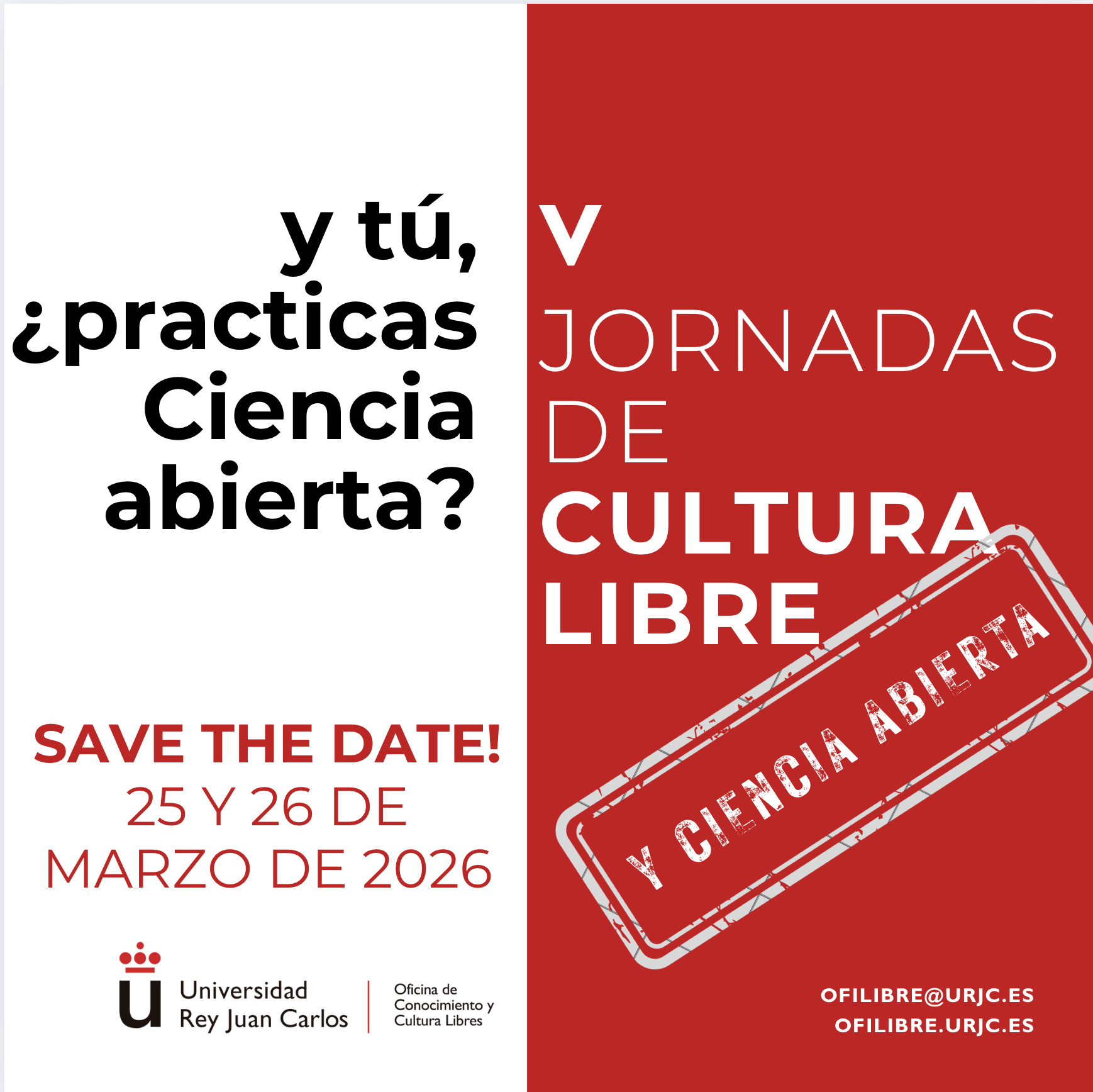 Save the date 2026 Fondo blanco, texto rojo y negro. Save The Date, el 25 y 26 de Marzo 2026